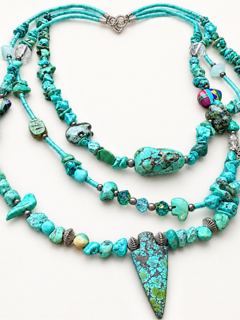 Vintage Southwestern Turquoise Stone Bear Fetish Multi Strand Arrowhead Necklace
